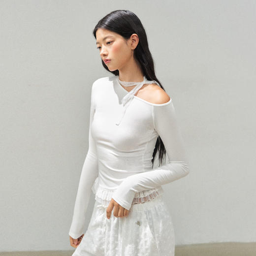 Ariseism 美式复古白色斜肩蕾丝长袖t恤女秋季新款修身上衣 商品图2