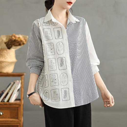 AHM wyss7076竖条纹拼接长袖衬衫时尚休闲通勤上衣 商品图1