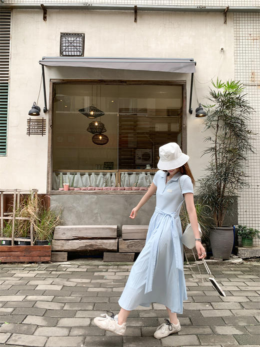 <曾小咸推荐>polo领短袖连衣裙女夏季巨好看显瘦a字收腰连身长裙子 商品图12