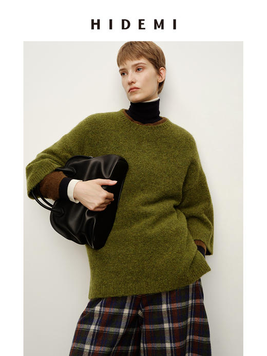 HIDEMI 进口羊驼羊毛极简圆领大廓形七分袖套头宽松毛衣 商品图4
