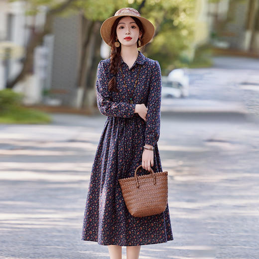 SYY8001全棉碎花中长款连衣裙女长袖2025新款休闲文艺春秋减龄衬衫裙子 商品图2