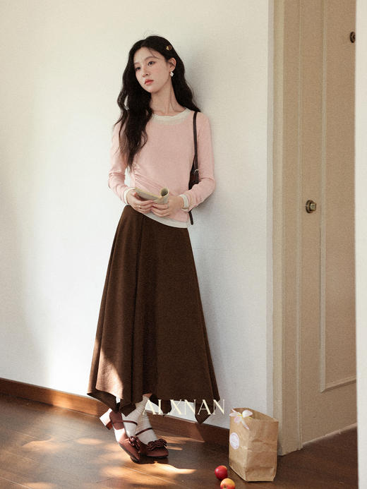 鹿向南「柏林艺术馆」粉色假两件长袖T恤早秋新款修身显瘦上衣女 商品图4