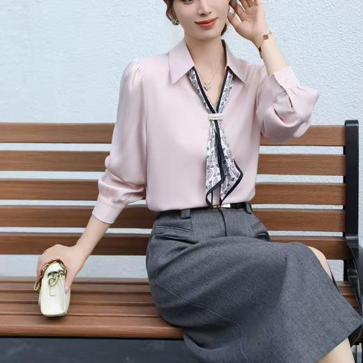 「自」全新升级【铂金会员146/天猫199/差价53】(02217)洛诗琳法式优雅V领衬衫2025秋季新款气质飘带雪纺上衣女 商品图0