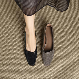 【预售5天】方头水钻浅口真皮粗跟单鞋女秋季新款一脚蹬中跟鞋子YX&A1851