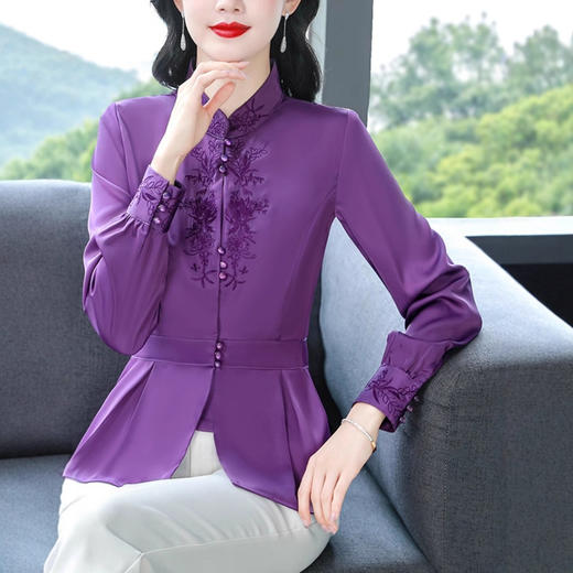 新中式缎面立领长袖衬衫女2025秋季新款高端刺绣衬衣减龄收腰上衣 商品图2