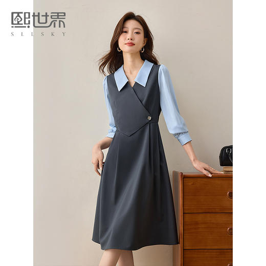 【五折购】熙世界2025春秋新款教资面试假两件连衣裙女气质正式场合衬衫裙子 商品图0