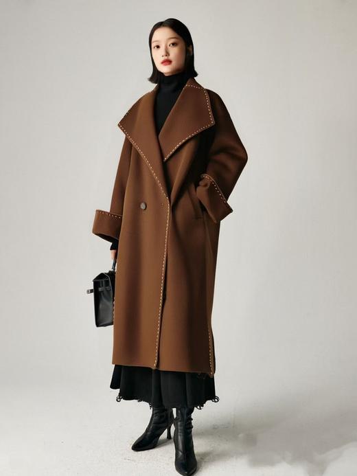 【高端系列】手工定制80%澳毛高支明线高端大气腰带款双面尼大衣-喜出 商品图0