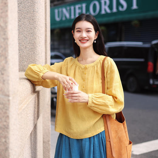 绽放176朵/高级质感色织亚麻宽松文艺衬衫 商品图0