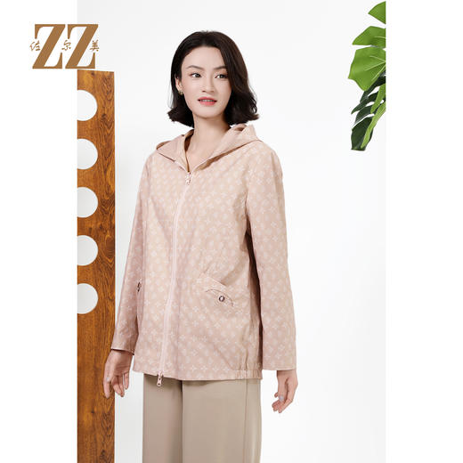 佐尔美早秋双面穿百搭连帽几何老花印花风衣外套女M43FZ23 商品图2