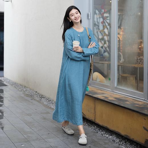 绽放旅行女装500朵/色织亚麻圆领拼花边插肩秋季长袖连衣裙女新款 商品图2