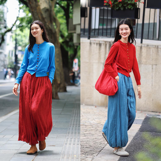 绽放旅行女装519朵/巴素兰羊毛撞色扣开襟毛针织衫宽松开衫女早秋 商品图3