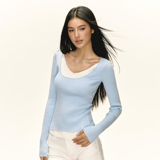 Ariseism 美式复古假两件v长袖领毛衣女秋季新款修身上衣 商品图1