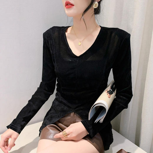 时尚垫肩褶皱收腰长袖开叉不规则丝绒小衫上衣女秋冬内搭外穿T恤 商品图2