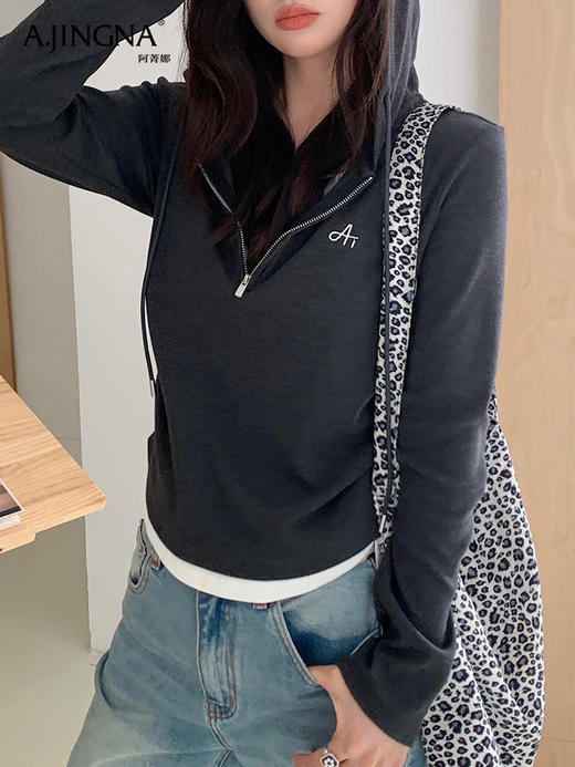 【超值秒杀】阿菁娜俏皮减龄撞色设计百搭假两件连帽衫F30Q302028 商品图4