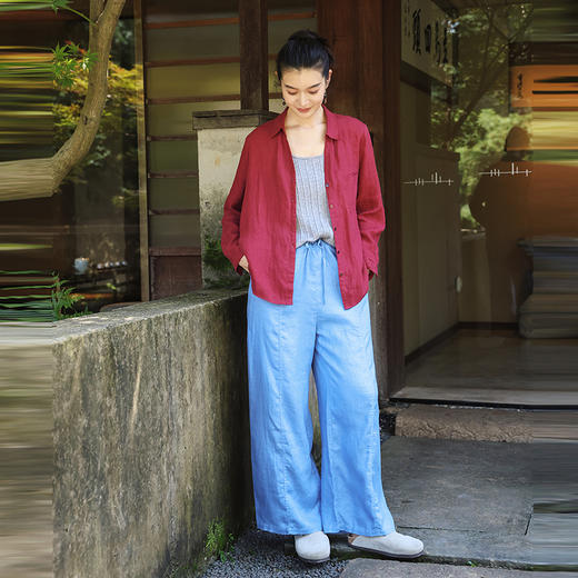 绽放旅行女装481朵/砂洗亚麻翻领V领松弛感长袖衬衫秋新款上衣女 商品图3