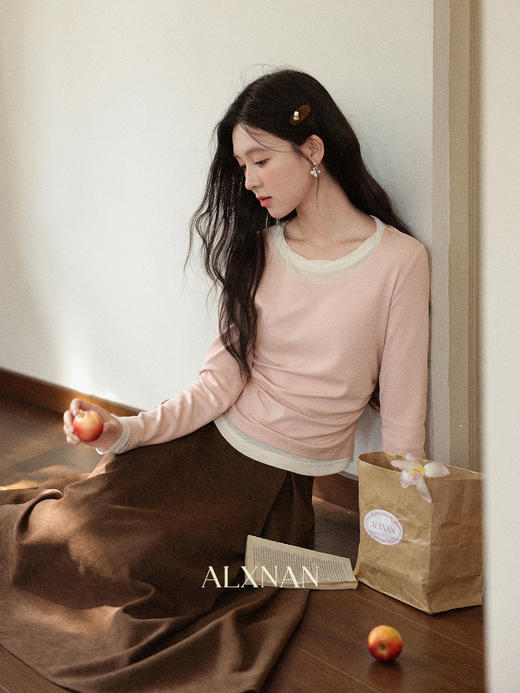 鹿向南「柏林艺术馆」粉色假两件长袖T恤早秋新款修身显瘦上衣女 商品图3