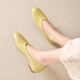 OLD 6952复古风圆头坡跟浅口单鞋简约厚底V口