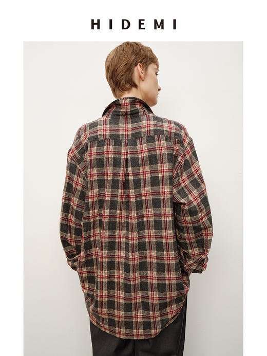 HIDEMI 进口羊毛色织格纹空气感纱线做旧水洗经典宽松知识分子衬衫 商品图6