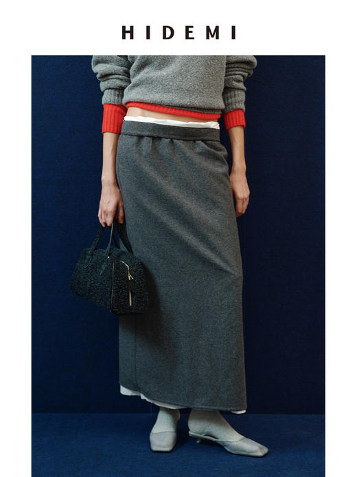 HIDEMI 进口烟灰色初剪羊毛白色边拼接假两件H型半身裙长裙 商品图0