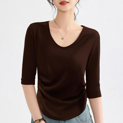 「自j」全新升级【铂金会员109/天猫149/差价40】(95221)洛诗琳气质桃心领五分袖上衣2025早秋掐腰收褶打底T恤女 商品图1