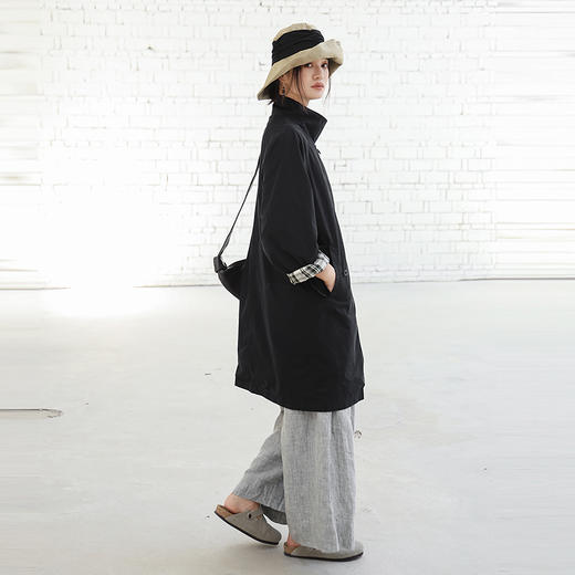 绽放旅行女装522朵/复古时尚格纹拼接立领一手长风衣外套女春秋款 商品图1