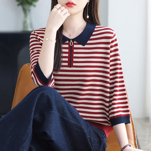 七分袖条纹针织衫毛衣，拉链半开polo领宽松大码洋气上衣CC-10-6398 商品图1
