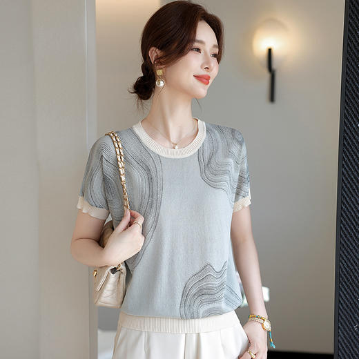 C2879妈妈装设计感印花针织衫短袖2025新款时尚休闲显瘦中老年女装上衣 商品图2