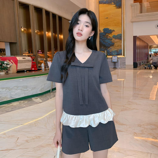 奢姿大码女装2026夏季时尚系带荷叶边套装胖妹妹简约减龄两件套装9952953540【1】 商品图0