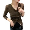 时尚垫肩褶皱收腰长袖开叉不规则丝绒小衫上衣女秋冬内搭外穿T恤 商品缩略图4