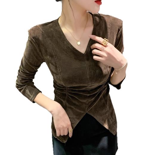 时尚垫肩褶皱收腰长袖开叉不规则丝绒小衫上衣女秋冬内搭外穿T恤 商品图4