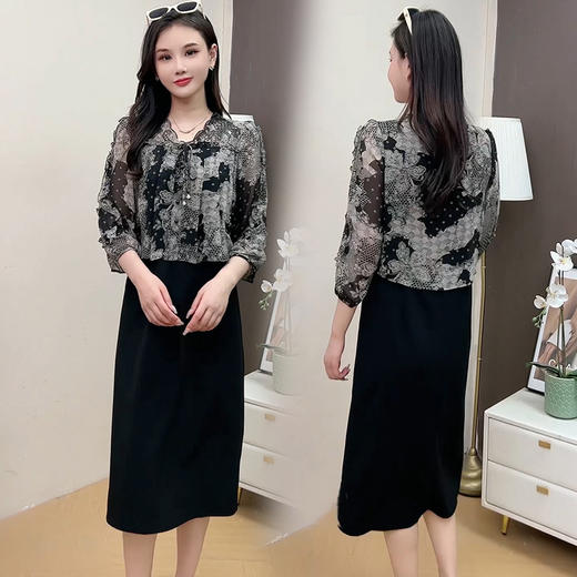 QYM 5A25203-Y时尚假两件短袖连衣裙过膝长裙 商品图3