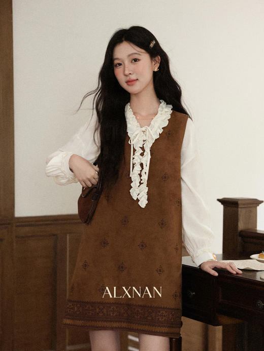 鹿向南「文艺庄园」波西米亚风连衣裙女秋新款无袖短款咖色背心裙 商品图0