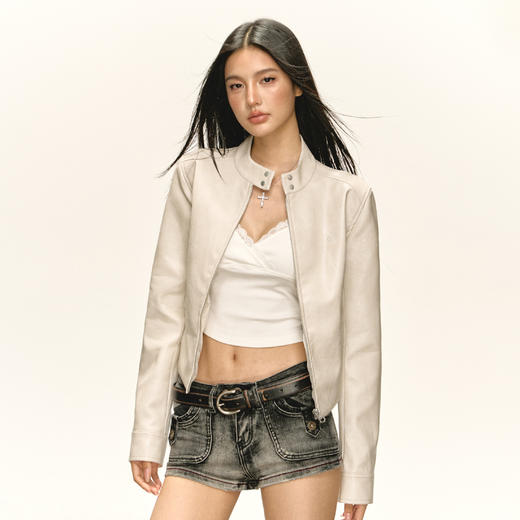 Ariseism 美式复古白色机车服皮衣外套女秋季新款上衣 商品图2