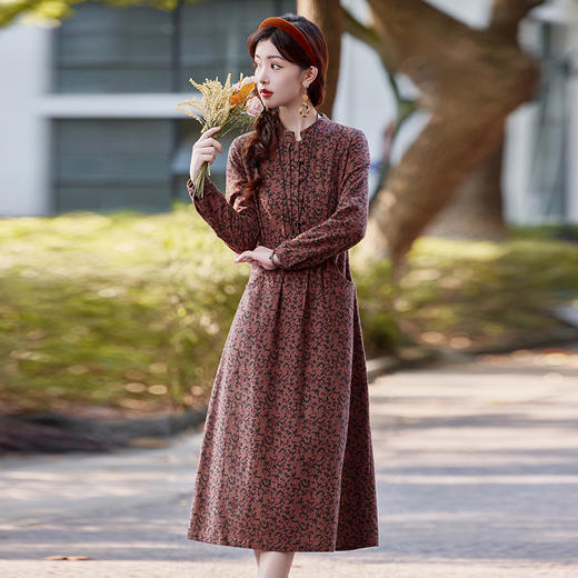 SYY2578立领挂脖式秋季多色显瘦2025连衣裙收腰长袖度假风ins风碎花气质 商品图0