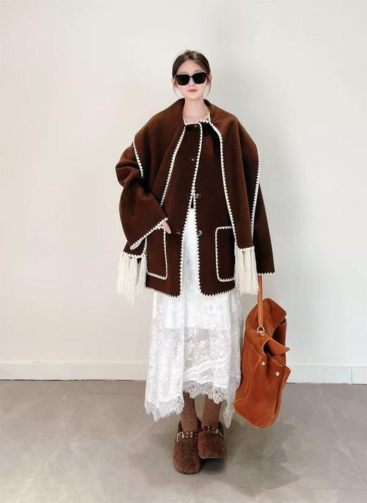 【高端系列】（赠送围巾）手工定制888贝壳绣80%高支澳洲羊毛中长双面尼大衣外套-喜出 商品图1