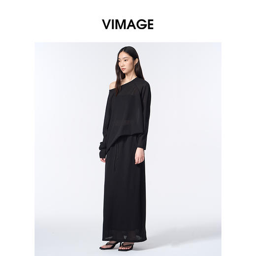 VIMAGE纬漫纪通勤百搭休闲高腰莱赛尔黑色直筒2025秋季新款半身裙V2406101 商品图1