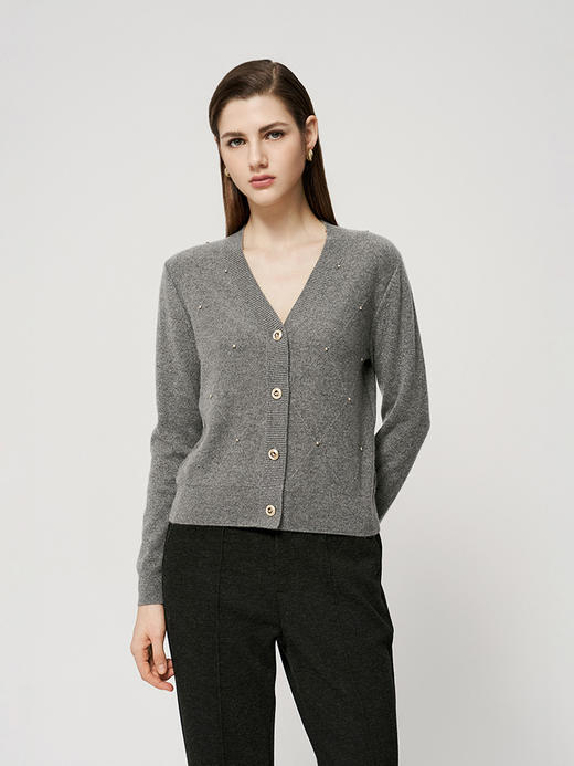 【菱形印花开衫】羊绒世家秋冬新品女士100山羊绒V领针织开衫外套 商品图0