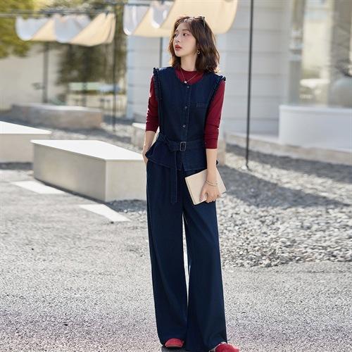 韩系时尚套装女2025秋季新款洋气上衣轻熟风牛仔马甲阔腿裤三件套YLFS9038 商品图0