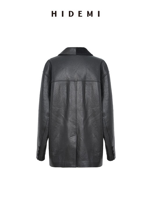 HIDEMI 进口荔枝皮大象纹麂皮领不对称拼接皮西装外套 商品图6