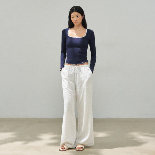 Ariseism 美式复古短款挖肩撞色领长袖t恤女秋季新款修身上衣 商品图4