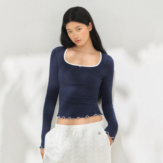 Ariseism 美式复古短款挖肩撞色领长袖t恤女秋季新款修身上衣 商品图0