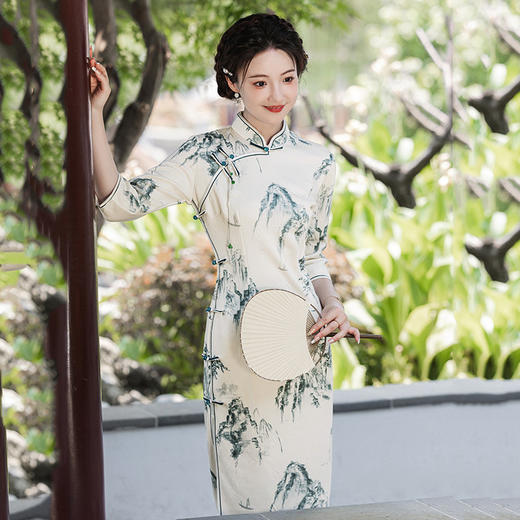 SC21853水墨山水国风中长款改良旗袍2025新款女中式复古修身中长袖春秋装 商品图3