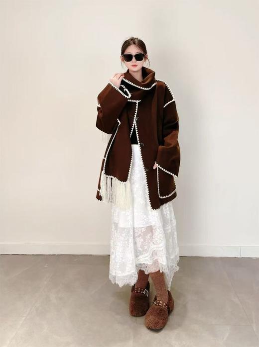 【高端系列】（赠送围巾）手工定制888贝壳绣80%高支澳洲羊毛中长双面尼大衣外套-喜出 商品图6