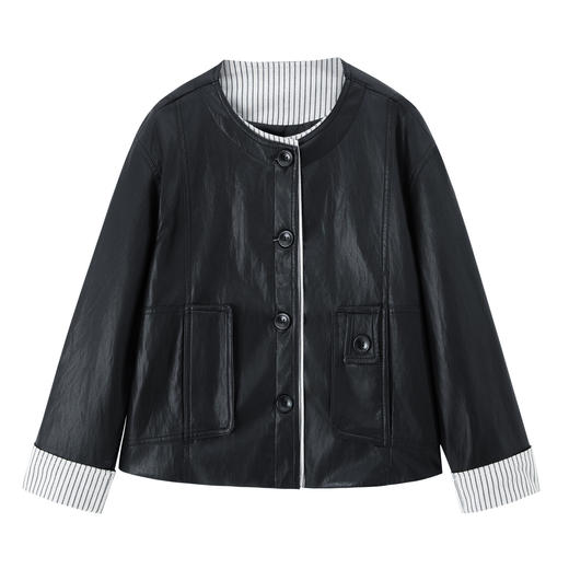 YYG82979休闲女皮衣2025秋季新款圆领单排扣pu宽松外套条纹拼接百搭皮夹克 商品图4