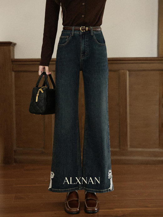 鹿向南「栖蝶浮光」复古蓝色阔腿牛仔裤女秋新款垂感直筒遮肉长裤 商品图3