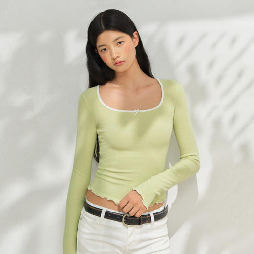 Ariseism 美式复古短款挖肩撞色领长袖t恤女秋季新款修身上衣 商品图1