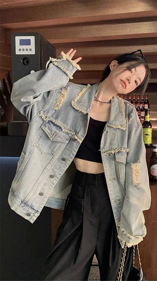 【复古毛边做旧破洞牛仔外套】春秋宽松休闲百搭工装夹克上衣潮ins  商品图4