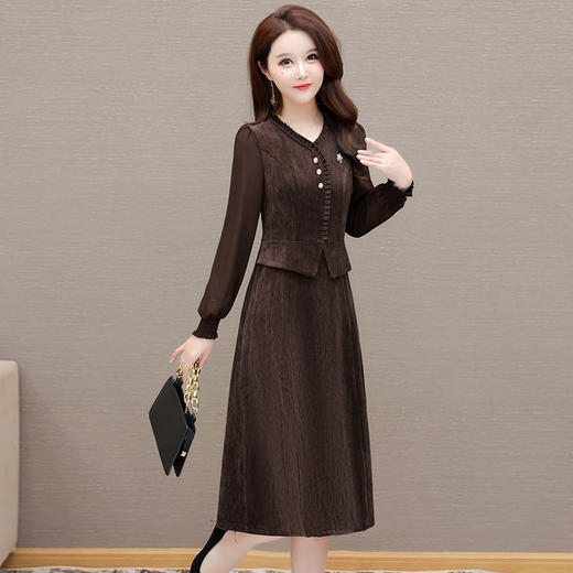 QYM 54A2507-Y长袖连衣裙时尚木耳边拼结马甲裙假两件中长款高腰裙 商品图1