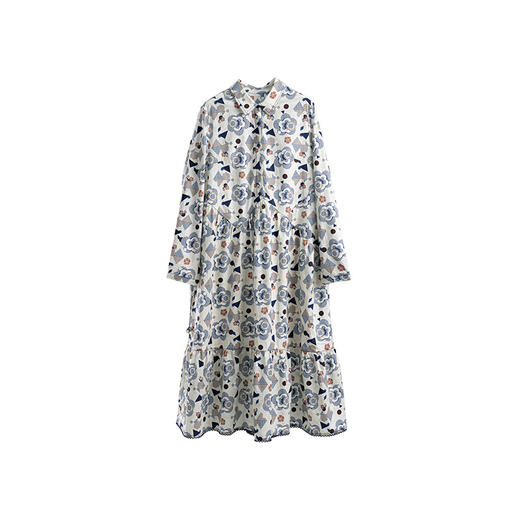 绽放旅行女装524朵/设计感印花分割半开襟小翻领文艺长袖连衣裙秋 商品图4