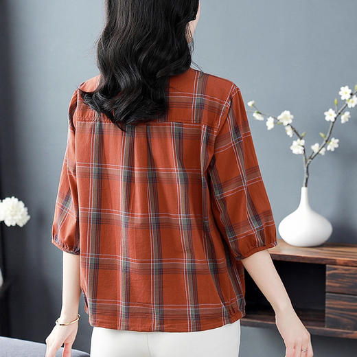 夏季新款中年妈妈时尚七分袖衬衫秋夏妈妈装宽松遮肚格子百搭上衣 商品图3